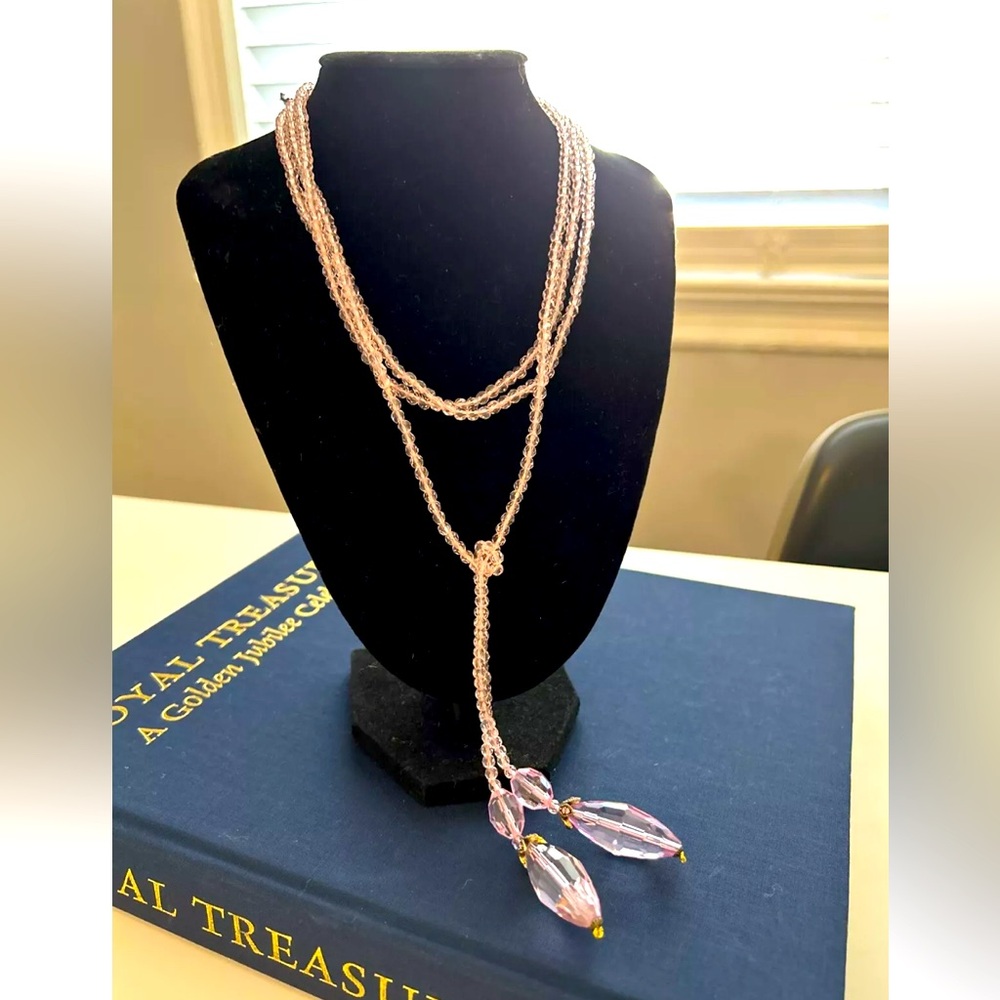 Heidi Daus Lariat Teardrop Style Pink Crystal Gold Bead 64”
